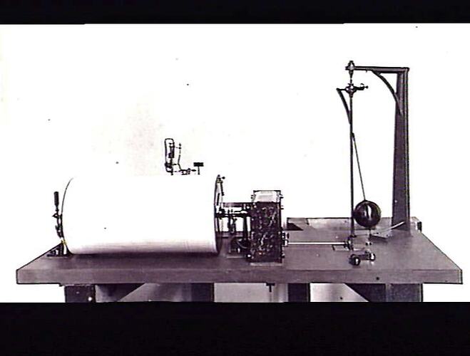 Clock mechanism and pendulum, with recording drum.