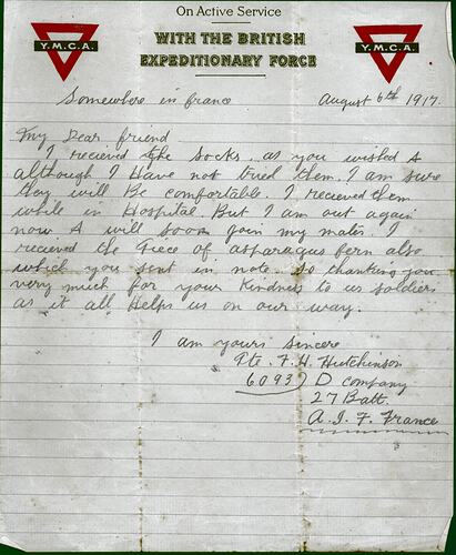Single page with printed header and handwritten text, fold marks running down page.