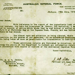 Letter - Death of 2nd Lieutenant William Jenkin, 19 Jun 1919