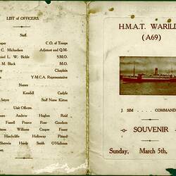 Printed menu, open, with photograph of ship