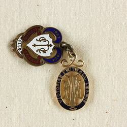 Ornate oval and circular gold and enamel medals attached by curled loop.