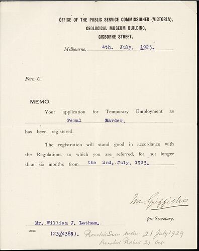 Letter - Receipt of Application, William J Latham, 4 Jul 1923
