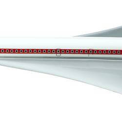 Long plastic Concorde model with white body and silver wings.