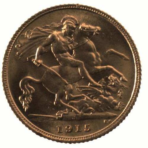 Coin - Half Sovereign, New South Wales, Australia, 1915, photographed by Museums Victoria