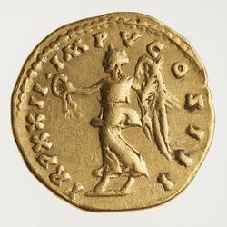Round gold coin. Figure advancing to left extending a wreath in her right hand and holding a palm branch in her left. Text around.