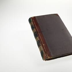 Closed, worn, brown leather bound book with stripes on spine.