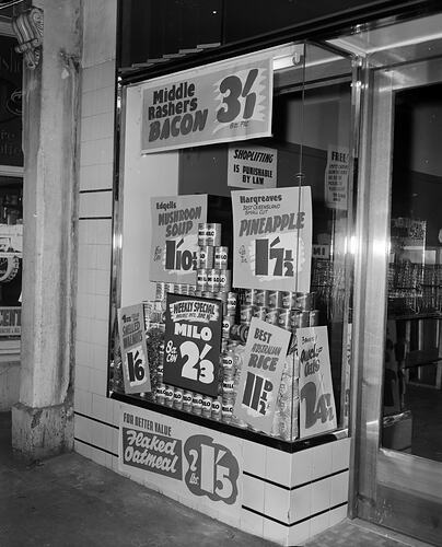 Moran & Cato, Grocery Store Window Display, Carlton, Victoria, 12 Jun 1959