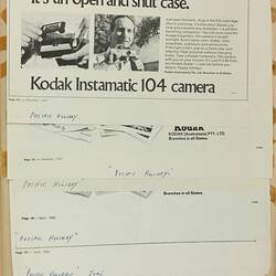 Scrapbook - Kodak Australasia Pty Ltd, Advertising Clippings, 'Travel, Railways, Islands & International', Coburg, 1966-1970