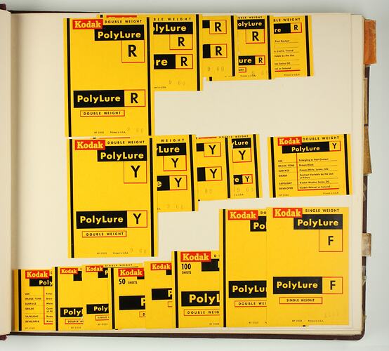 Scrapbook - Kodak Australasia Pty Ltd, Labels, 'Sensitised Matierials, Papers, Plates, Camera Labels, Safelights & Filters', Rochester, 1960 - 1961