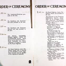 Program - 'Opening Ceremony', Victorian & Melbourne Centenary Celebrations, Parliament House, Melbourne, 18 Oct 1934