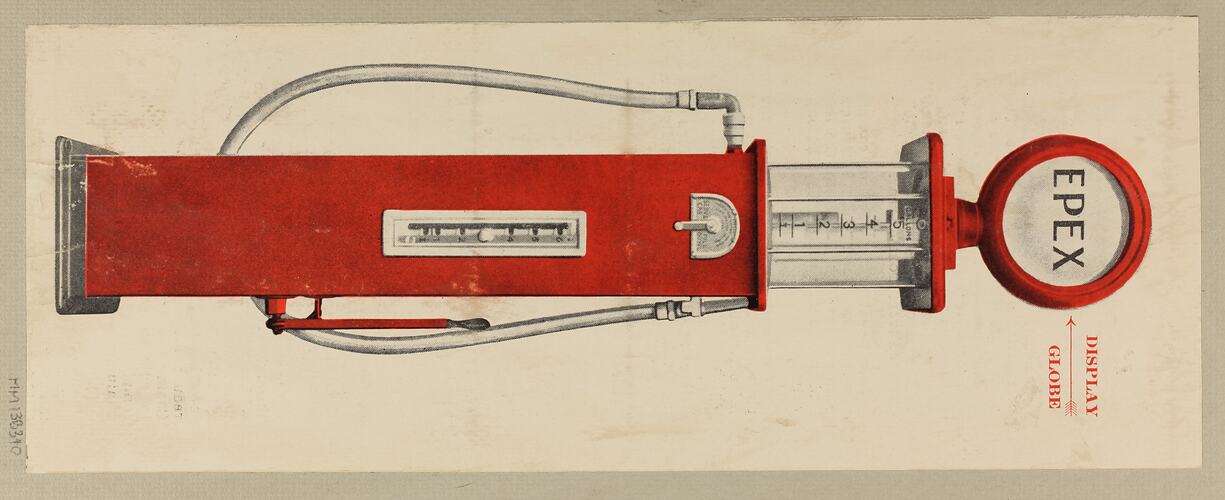 Coloured photograph of a single cylinder petrol pump.