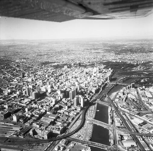 Monochrome aerial photograph of Melbourne.