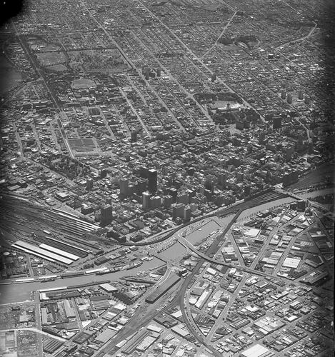 Monochrome aerial photograph of Melbourne.