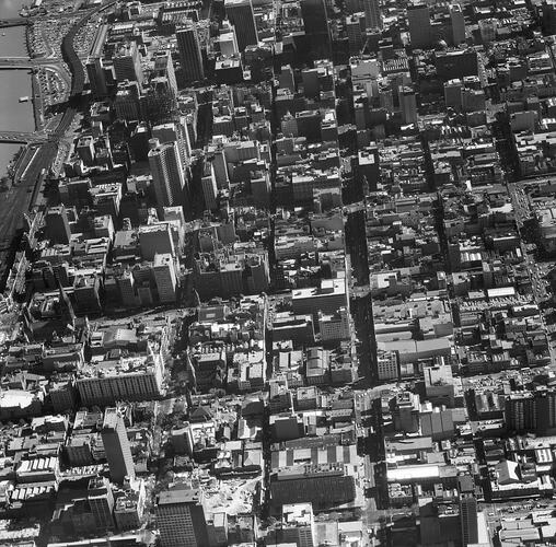 Monochrome aerial photograph of Melbourne.