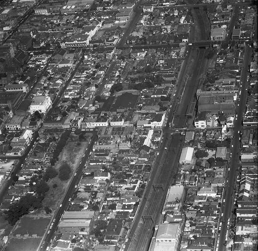 Monochrome aerial photograph of Prahan.