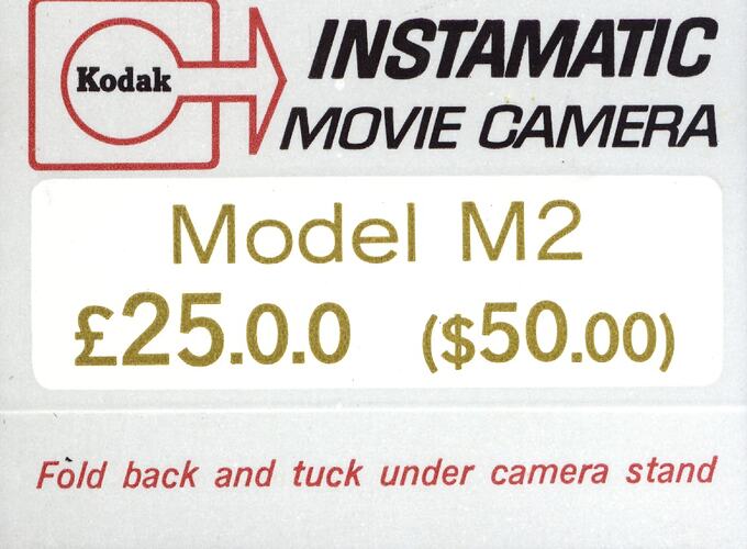 Price Ticket - Kodak Australasia PtyLtd, Instamatic Movie Camera, Model M2, Australia, circa 1966