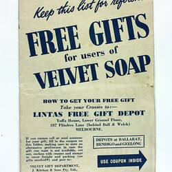 Leaflet - 'Free Gifts for Users of Velvet Soap', J. Kitchen & Sons, Melbourne, circa 1940