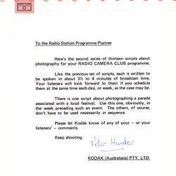 Letter - Kodak Australasia Pty Ltd, 'Radio Camera Club' Series 2, 1969
