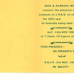 Invitation - 25th Anniversary of Settlement in Australia, John & Barbara Woods, Thomastown, 1982