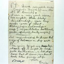 Hand-written page of letter on stained, lined paper