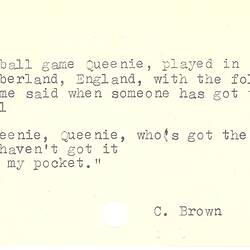 Game Index Card - Christine Brown, Compiled by Dorothy Howard, Description of Ball Game 'Queenie', Oct 1954