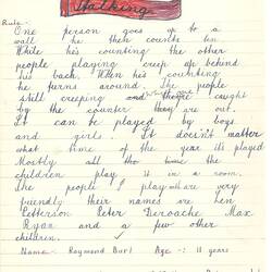 Document - Raymond Burt, Addressed to Dorothy Howard, Description of Creeping Game 'Stalking', 25 Aug 1954