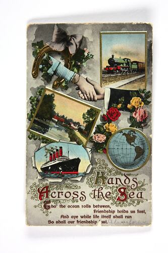 Front of postcard with coloured drawings of transport.