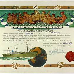 Certificate - 'Crossing the Equator', Walter Lischke, MS Skaubryn, 18 Dec 1955
