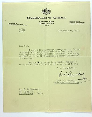 Letter - Assisted Passage Application Review, Stanley Hathaway, Commonwealth of Australia,  Australia House London, 16 Feb 1951