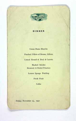 Menu - Hathaway Family, New Australia, Shaw Savill Line, Southampton, 23 Nov 1951