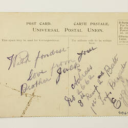 Back of postcard with printing and hand-writing.