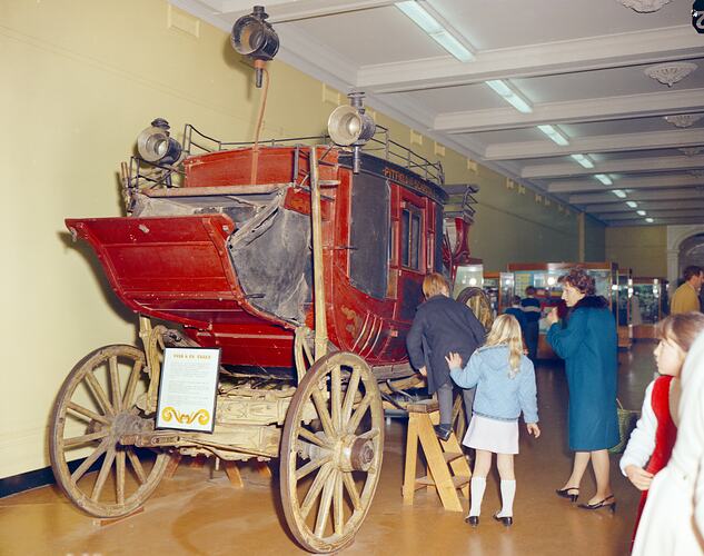 Public visiting Concord coach display in Verdon Hall, Science Museum of Victoria, Melbourne, August 1970