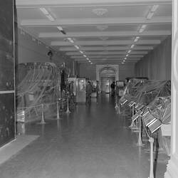 Covered transport displays during stairway construction in Verdon Hall, Science Museum of Victoria, Melbourne, 1970s
