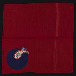 Unfolded red handkerchief with Paisley Applique.