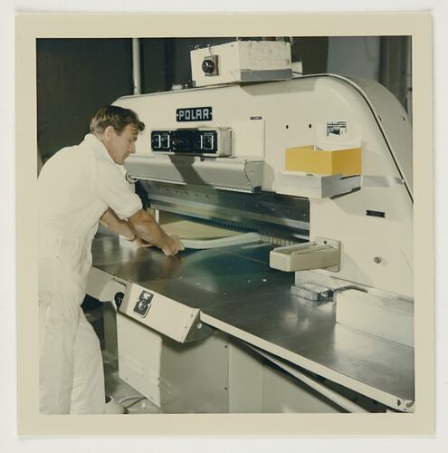 Slide 176, 'Extra Prints of Coburg Lecture', Worker Feeding Paper Into Slitting Machine, Kodak Factory, Coburg, circa 1960s