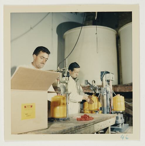 Slide 201, 'Extra Prints of Coburg Lecture', Workers Bottling Chemicals, Kodak Factory, Burnley, circa 1960s