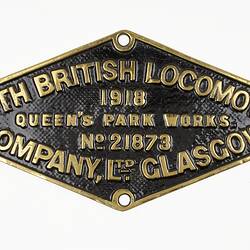 Locomotive Builders Plate - North British Locomotive Co., Glasgow, Scotland, 1918