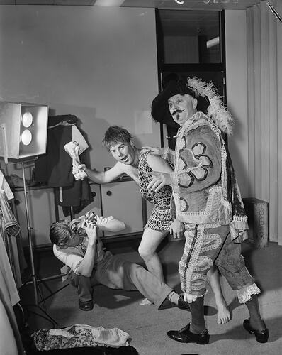 Imperial Chemical Industries, Two Actors in Costume, ICI Building, East Melbourne, Victoria, Dec 1958