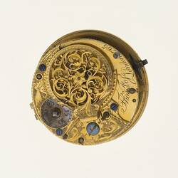Gentleman's pocket watch movement showing back plate marked 'Thos Foss, London, 765'.