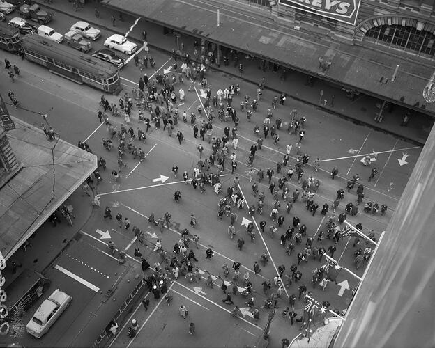 Aerial View of Pedestrians Crossing at Intersection, Melbourne, Victoria, 1956