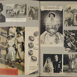 Double page of a scrapbook, black and white images of Queen Elizabeth II as a young woman. One image in colour