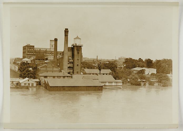 Flooded riverscape with factory buildings and trees partially submerged.