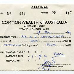 Receipt - Lindsay Motherwell, Passport Fees, Australia House, London, 1969