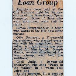 Newspaper Clipping - Audition Article, Eoan Group, Sylvia Boyes, South Africa, 1958