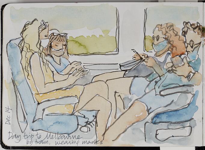 Sketch Of McGrath Family On Train To Melbourne During COVID-19, 14 Dec 2020