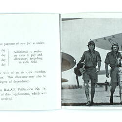 Pages of booklet with text and photos of men and aeroplane.