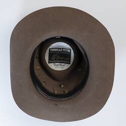 Akubra hat, inside view showing maker's black, white and brown cloth label.