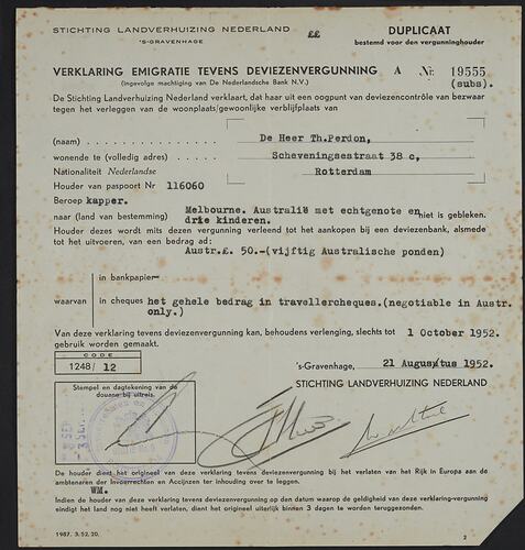 Form - Approval For Travellers' Cheques, Department Of Immigration, The ...