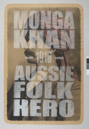Three quarter muted colour portrait of man wearing a turban. Large printed white text over image.