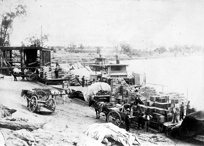 [Loading barges at Mildura wharf, about 1900.]